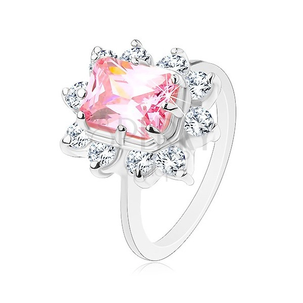 Zářivý prsten s úzkými rameny, růžový obdélník, průsvitné kulaté zirkony