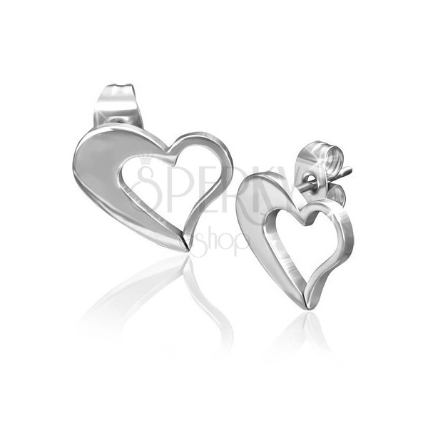 Náušnice z oceli 316L, asymetrický obrys srdce ve stříbrném odstínu