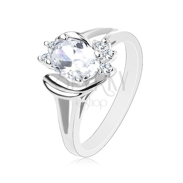 Prsten stříbrné barvy s rozdělenými rameny, čirý ovál, lesklé obloučky