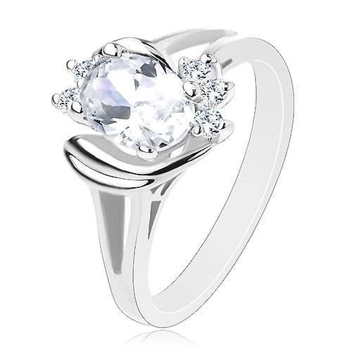 Prsten stříbrné barvy s rozdělenými rameny, čirý ovál, lesklé obloučky - Velikost: 56