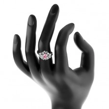 Prsten s lesklými hladkými rameny, broušený růžový ovál, čiré zirkonky