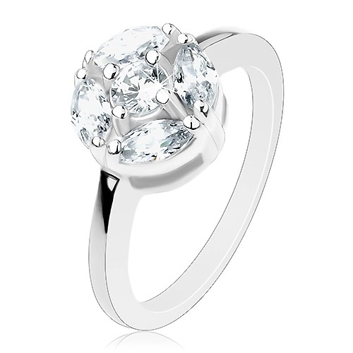 Lesklý prsten stříbrné barvy, kruh zdobený čirými zrnky a kulatým zirkonem - Velikost: 57