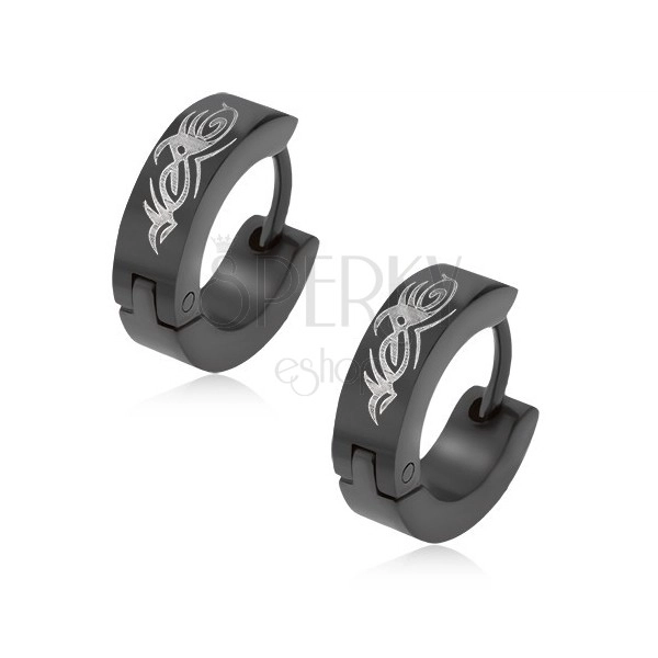 Kruhové náušnice z oceli 316L - lesklé kruhy v černém odstínu, ornament tribal
