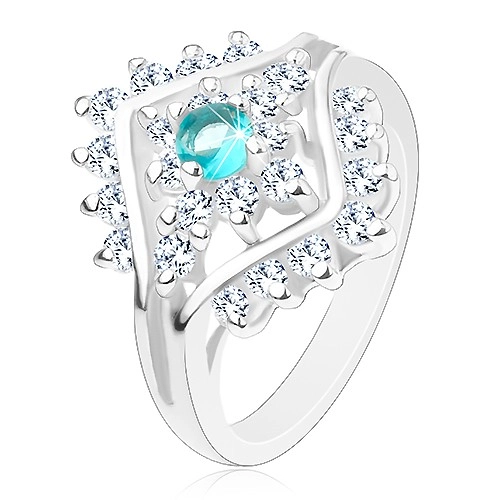 Prsten s úzkými rameny, kulatý zirkon akvamarínové barvy, čiré zirkonky - Velikost: 49