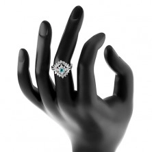 Prsten s úzkými rameny, kulatý zirkon akvamarínové barvy, čiré zirkonky