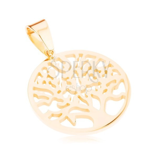 Přívěsek z chirurgické oceli ve zlatém odstínu, rozvětvený strom v kruhu