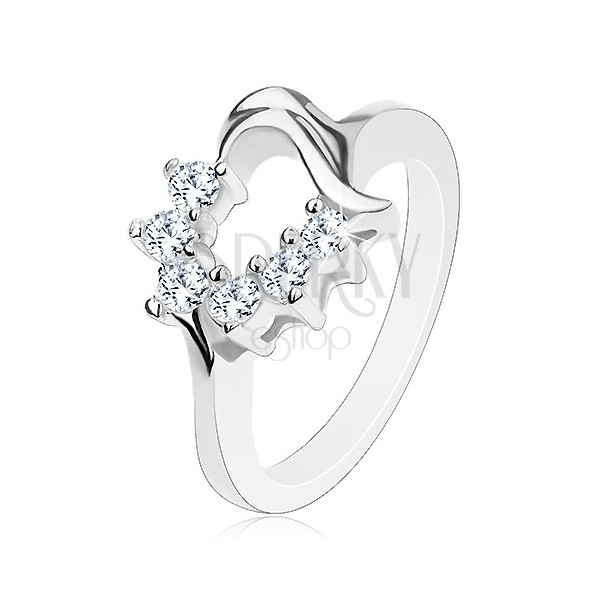 Prsten s konturou srdíčka ve stříbrné barvě, transparentní kulaté zirkonky