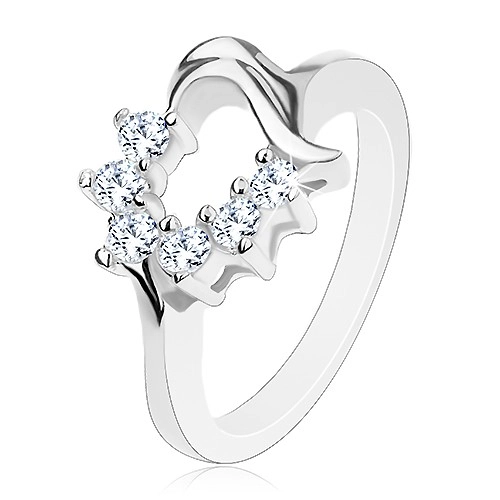 Prsten s konturou srdíčka ve stříbrné barvě, transparentní kulaté zirkonky - Velikost: 49