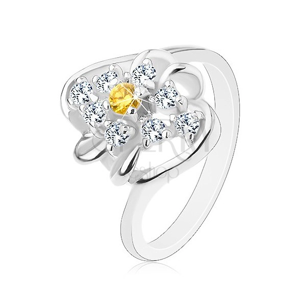 Prsten se zahnutými rameny, žlutý kulatý zirkon s čirým lemováním, obloučky