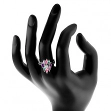 Blýskavý prsten s rozdělenými rameny, kulatý čirý střed, barevná zrníčka