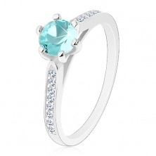 Stříbrný 925 prsten, ramena s průsvitnými liniemi, kulatý světle modrý zirkon