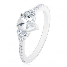 Stříbro 925 - zásnubní prsten, vroubkované okraje se zirkonky, blýskavá čirá slza