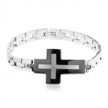 Ocelový náramek stříbrné barvy, lesklé články a velký šedo-černý kříž
