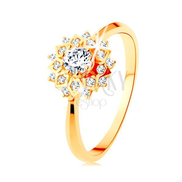 Zlatý prsten 585 - třpytivé slunce zdobené kulatými čirými zirkonky