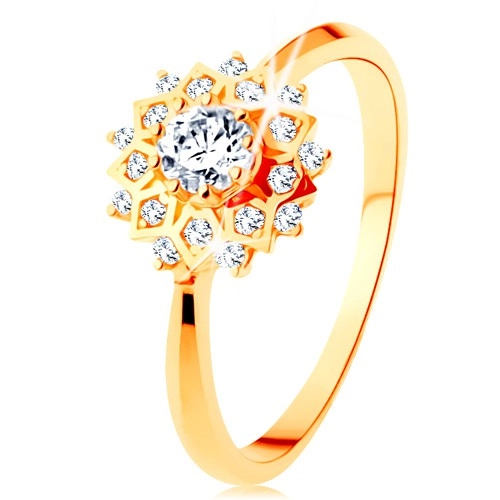 Zlatý prsten 585 - třpytivé slunce zdobené kulatými čirými zirkonky - Velikost: 49