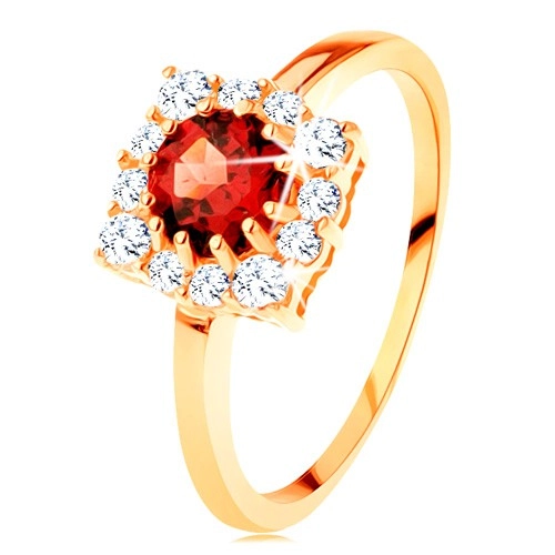 Zlatý prsten 585 - čtvercový zirkonový obrys, kulatý červený granát - Velikost: 61