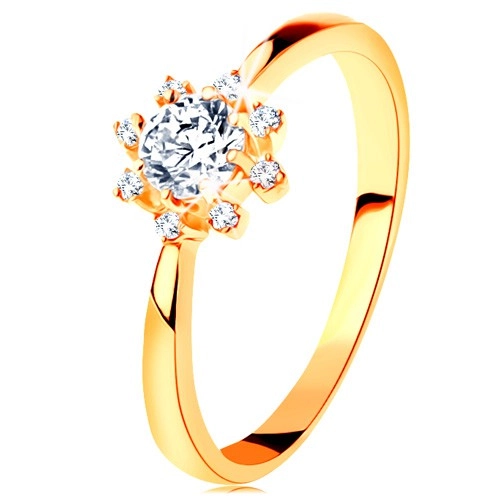 Prsten ze žlutého 14K zlata - čiré blýskavé sluníčko, zúžená ramena - Velikost: 51
