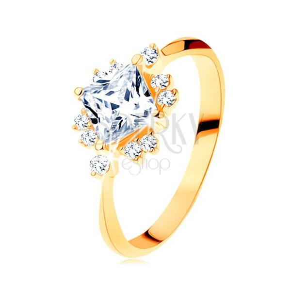 Zlatý prsten 585 - blýskavý broušený čtverec, drobné zirkonky čiré barvy