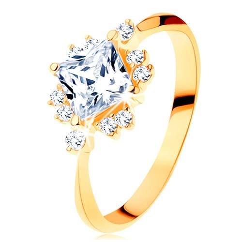 Zlatý prsten 585 - blýskavý broušený čtverec, drobné zirkonky čiré barvy - Velikost: 57