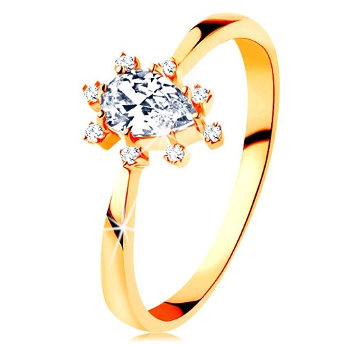 Prsten ve žlutém 14K zlatě - čirá zirkonová kapka, vyčnívající zirkonky - Velikost: 57