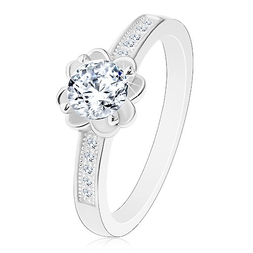 Stříbrný zásnubní prsten 925, čirý blýskavý kvítek, zdobená ramena - Velikost: 60