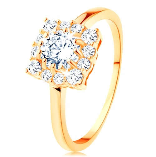Zlatý prsten 585 - čtvercový zirkonový obrys, kulatý čirý zirkon uprostřed - Velikost: 62