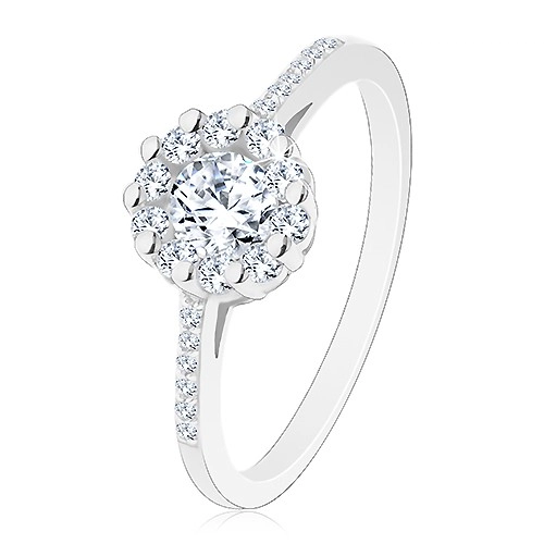 Stříbrný 925 prsten - čirý zářivý kvítek, zirkonová ramena - Velikost: 60