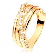 Prsten ze žlutého 14K zlata - tři hladké pásy, šikmá zirkonová linie