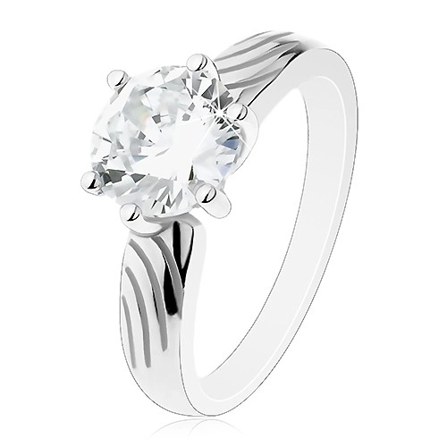Stříbrný prsten 925, velký kulatý zirkon čiré barvy, zářezy na ramenech - Velikost: 55