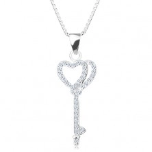 Stříbrný náhrdelník 925, čirý zirkonový klíček s dvojitou konturou srdcí