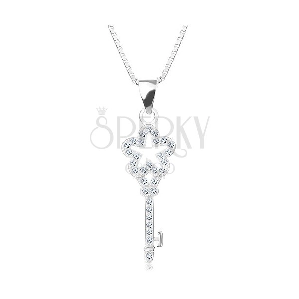Stříbrný 925 náhrdelník, řetízek s přívěskem, zirkonový klíček s kvítkem