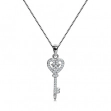 Stříbrný náhrdelník 925, řetízek a přívěsek, blýskavý klíček se srdíčkem