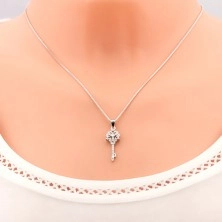 Stříbrný 925 náhrdelník, řetízek s přívěskem, klíček s kvítkem, čiré zirkony