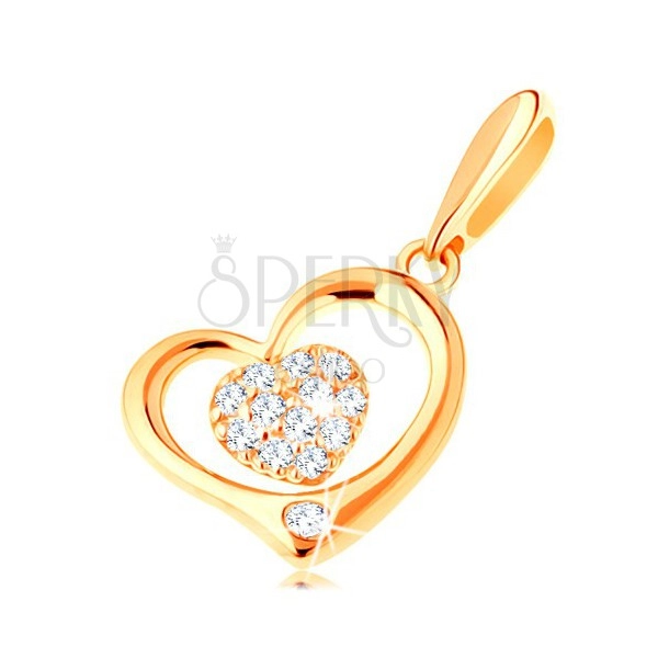 Zlatý přívěsek 585 - lesklý obrys srdce s menším zirkonovým srdíčkem