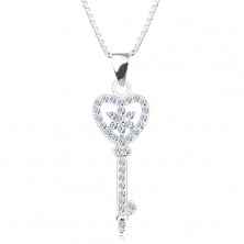 Stříbrný 925 náhrdelník - řetízek s přívěskem, zirkonový klíč - srdce, květ