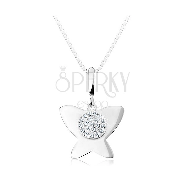 Stříbrný 925 náhrdelník - lesklý plochý motýl, malý kruh s čirými zirkony