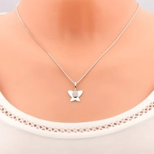 Stříbrný 925 náhrdelník - lesklý plochý motýl, malý kruh s čirými zirkony