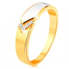 Prsten ze žlutého 14K zlata - lesklý pás bílé glazury, čiré zirkonky