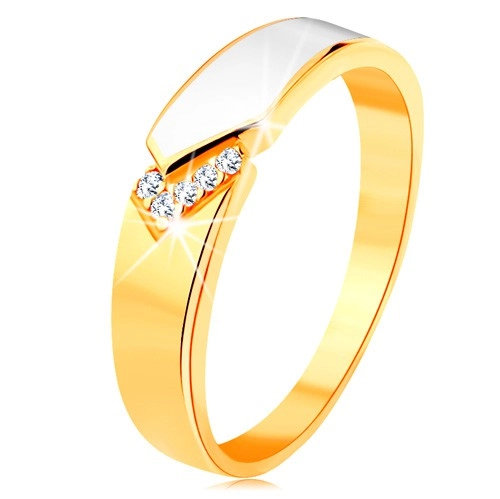 Prsten ze žlutého 14K zlata - lesklý pás bílé glazury, čiré zirkonky - Velikost: 52