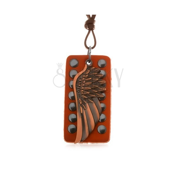 Kožený náhrdelník - andělské křídlo měděné barvy, okovaný pás kůže