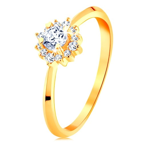 Zlatý prsten 585 - blýskavý kvítek z čirých zirkonů, tenká lesklá ramena - Velikost: 59