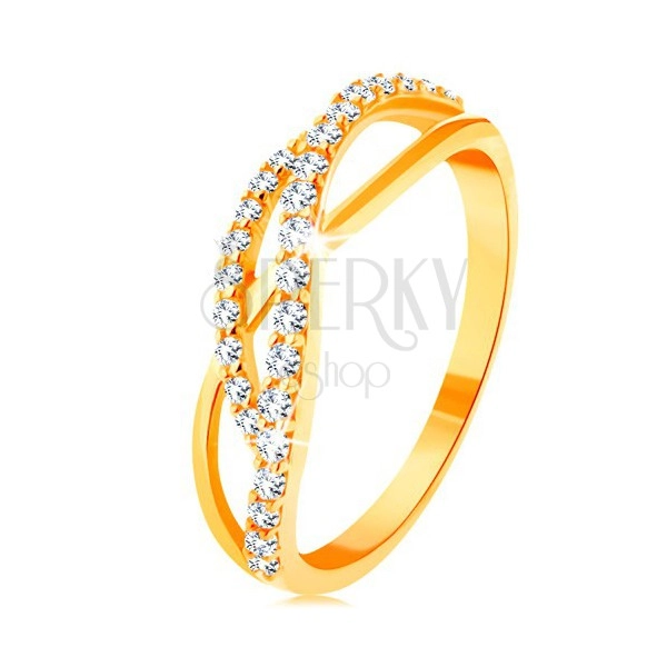 Zlatý prsten 585 - propletené vlnky - jedna hladká a dvě zirkonové