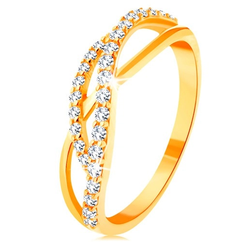 Zlatý prsten 585 - propletené vlnky - jedna hladká a dvě zirkonové - Velikost: 57