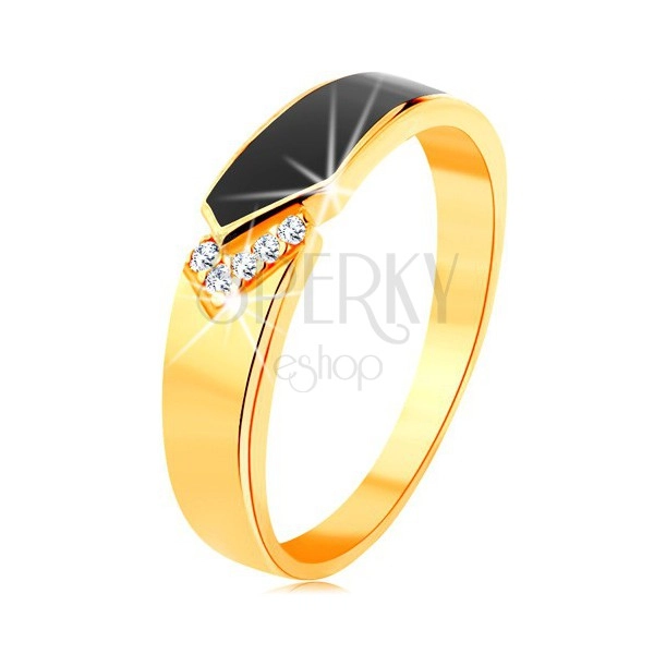 Prsten ze žlutého 14K zlata - černý glazovaný pás se špičkou, čiré zirkonky