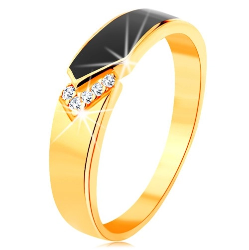 Prsten ze žlutého 14K zlata - černý glazovaný pás se špičkou, čiré zirkonky - Velikost: 50