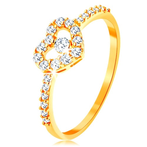 Zlatý prsten 585 - zirkonová ramena, blýskavý čirý obrys srdce se zirkonem - Velikost: 52
