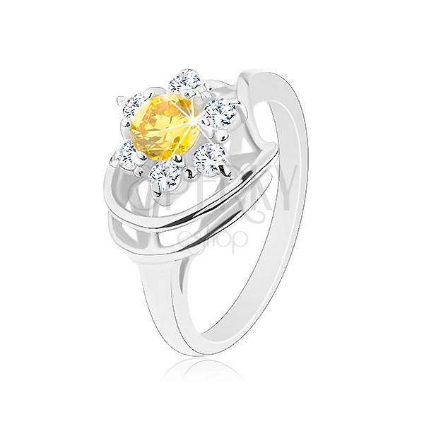 Lesklý prsten ve stříbrném odstínu, žluto-čirý zirkonový květ, obloučky