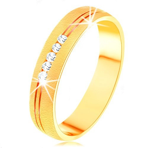 Prsten ve žlutém 14K zlatě se saténovým povrchem, dvojitý zářez, čiré zirkony - Velikost: 52