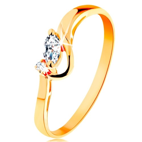 Zlatý prsten 585 - čiré broušené zrnko a kulatý zirkonek, lesklý oblouk - Velikost: 50