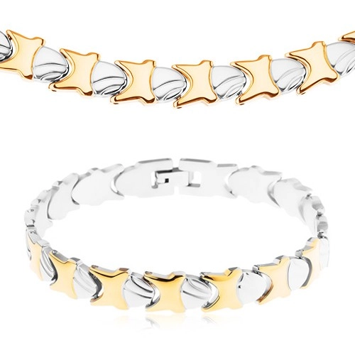 Levně Ocelový náhrdelník a náramek, lesklo-matné články, zlatá a stříbrná barva